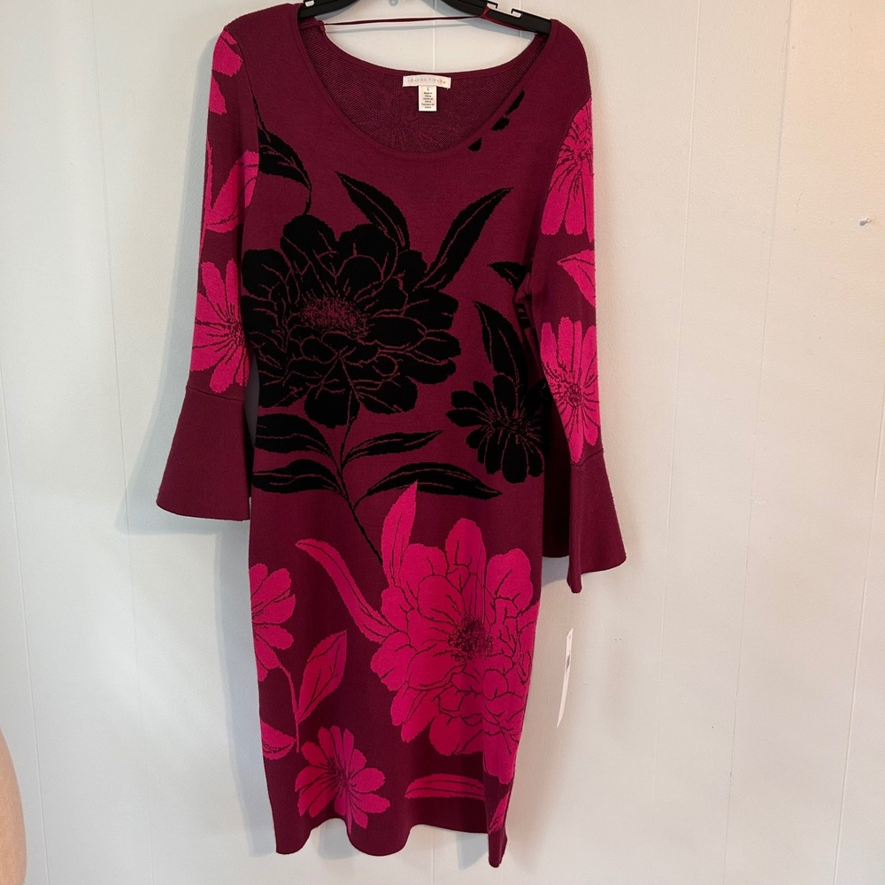 London Times Womens Berry Pink Floral Bell Sleeve Sweater Dress L T7766M-KH - Picture 2 of 10